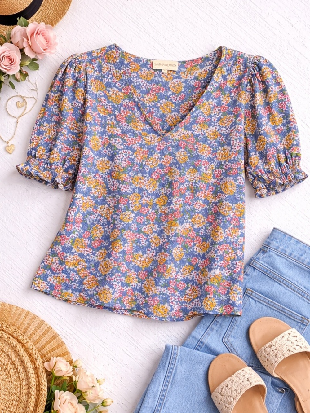 Cynthia Rowley Blue Floral Puff Sleeve Blouse Medium Cottagecore